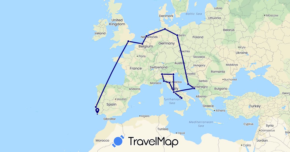 TravelMap itinerary: driving in Belgium, Germany, United Kingdom, Croatia, Italy, Netherlands, Portugal (Europe)